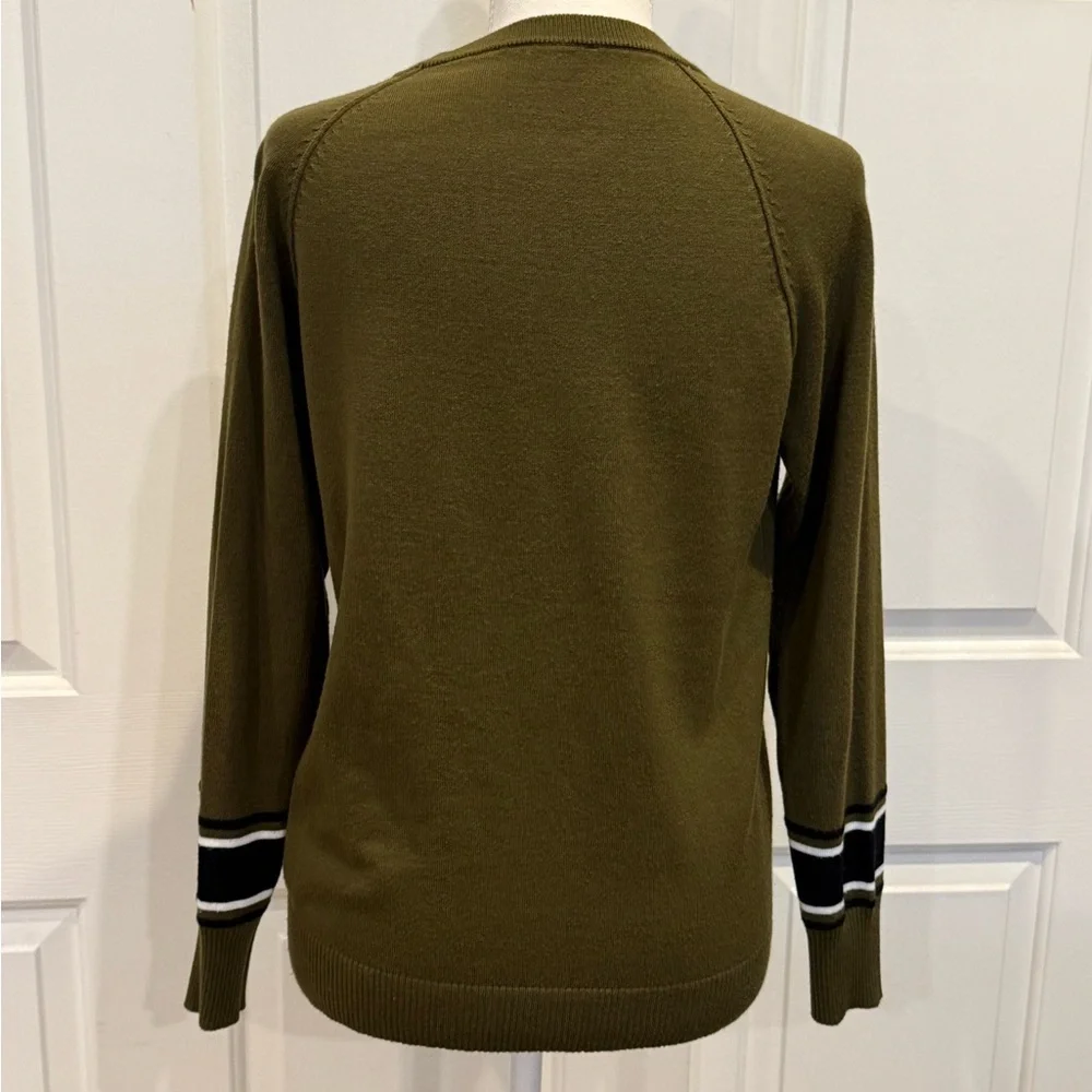 Sweater Olive Green Lightweight Knit Striped Cuff Crewneck Casual Cozy Pullover - Picture 4 of 8